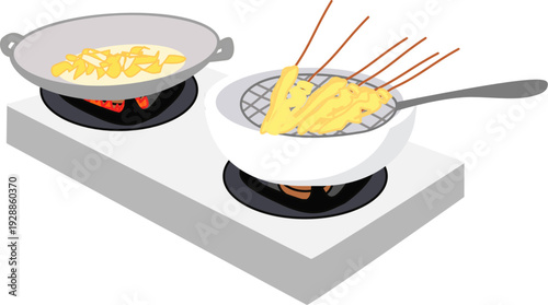 Indonesian Street Food Cooking Station with Telur Gulung Frying and Draining Illustration