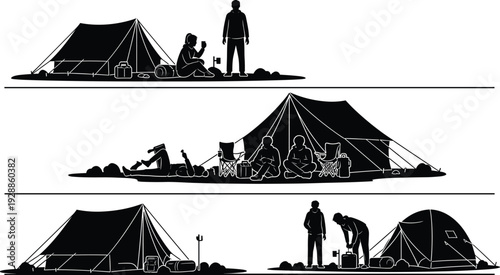 Camping silhouettes with tents, people relaxing, setting up gear, outdoor lifestyle vector illustration, abstract wilderness and adventure design concept