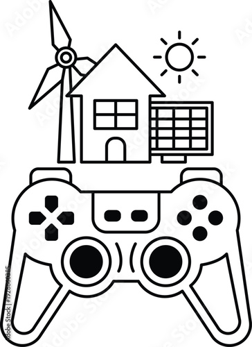 A video game controller with a windmill, house, and solar panels on top