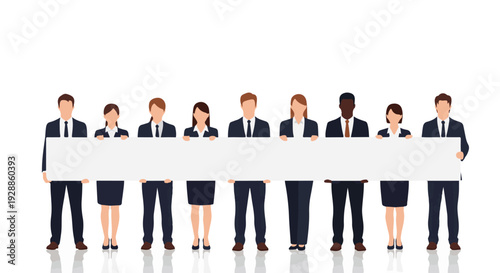 Diverse business professionals hold a blank banner, symbolizing teamwork, communication, and corporate unity. Ready for your custom message