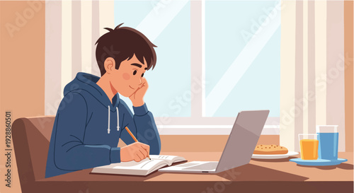 Focused young student diligently studying online at home, immersed in his remote education with a laptop and notebook, embracing modern learning methods in a cozy environment