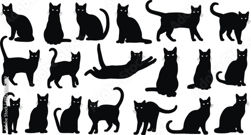 Cat silhouettes collection with sitting, standing, walking, jumping poses, black feline shapes, domestic pet vector artwork, animal design inspiration