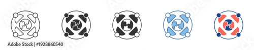 Set of diverse data connection and rotation process icons, featuring circular fan-like symbols with varied styles for modern digital interfaces and web design