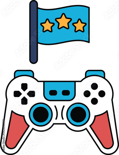 A black and white image of a video game controller with a flag in the background