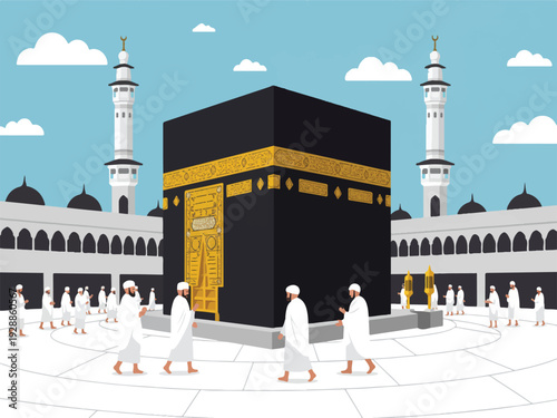 Kaaba holy mosque in Mecca Saudi Arabia with people walking around it  Islamic pilgrimage site  famous landmark  religious building