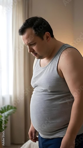 Overweight Man Standing on a Bathroom Scale in a Bedroom Feeling Concerned About His Weight During the Day Natural Light