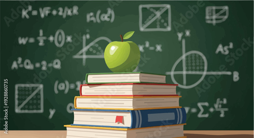Stack of books with an apple on top, set against a chalkboard filled with mathematical equations and scientific formulas