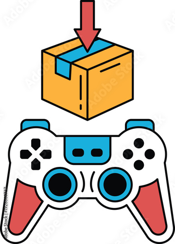 A black and white image of a video game controller with a box next to it