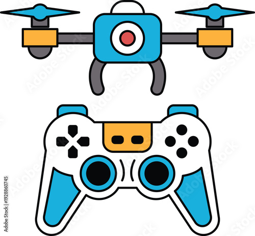 A black and white drawing of a video game controller and a drone