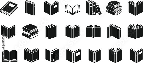 Collection of black and white book icons, open closed stacked designs, publishing education library reading vector illustration for learning resources