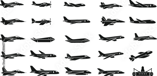 Vector illustration of aircraft silhouettes, diverse airplane and helicopter icons, military jets, commercial planes, propeller aircraft, aviation design motifs