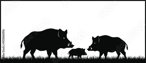 Wild boar family silhouette, forest animals in grass, cad drawing flat vector illustration, hog pig wildlife nature scene, hunting, outdoor.
