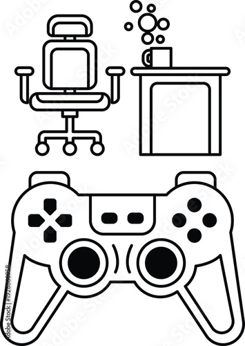 A black and white drawing of a video game controller with a chair