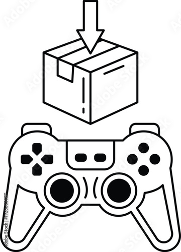 A black and white image of a video game controller with a box next to it