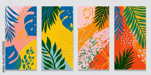 Four vibrant vertical panels featuring abstract tropical foliage designs