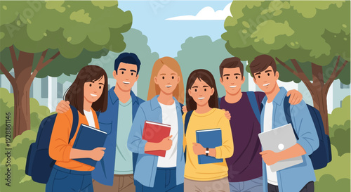 Diverse group of young students with books and backpacks standing outdoors, smiling and looking at the camera