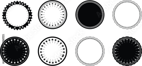 Vector illustration of circular badge designs, black and white seals, decorative emblem patterns, star motifs, scalloped edges, ornamental certificate elements