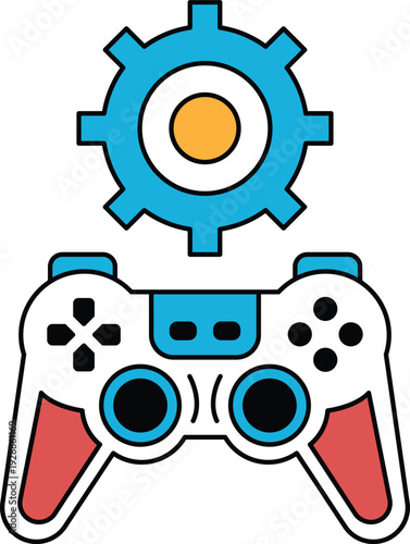 A black and white image of a video game controller with a gear on it