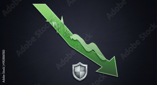 Green downward trending arrow with shield icon symbolizing financial loss protection.
