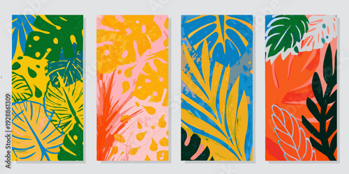 Four vibrant vertical panels featuring colorful tropical leaf patterns