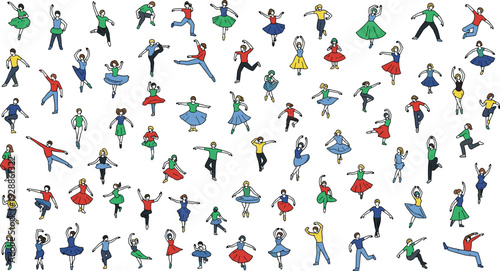Colorful cartoon dancers in diverse poses, vibrant costumes, energetic dance movements, multicultural celebration, seamless pattern for creative design projects