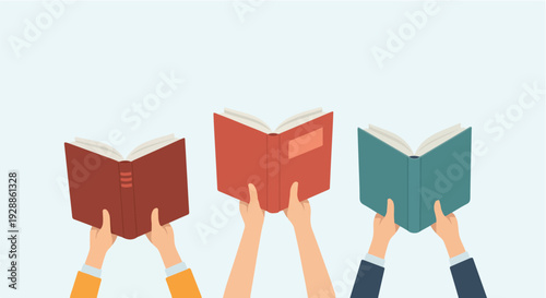 Three open books held up by hands, celebrating reading, knowledge, and education