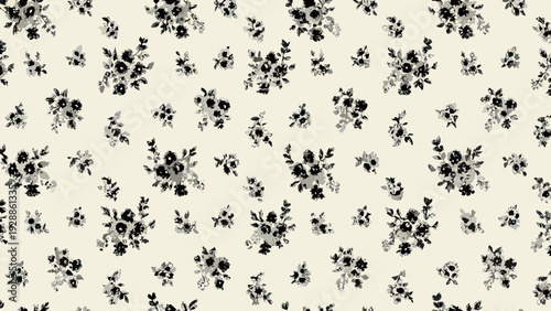 Delicate floral pattern with small black and gray blossoms on cream