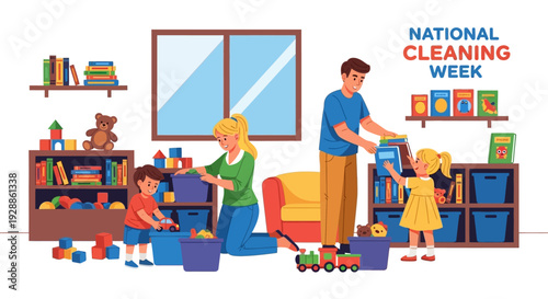 A family of three, a man, woman, and child, are cleaning and organizing toys and books in a house during National Cleaning Week.