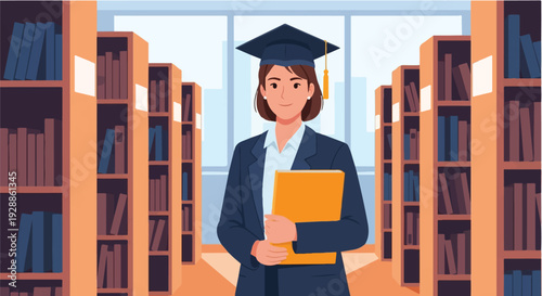 Empowered Female Graduate Celebrating Academic Achievement in University Library, Symbolizing Educational Success and Future Opportunities