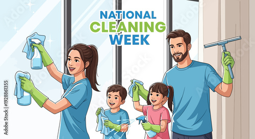 A family of four, including two kids, wearing green rubber gloves and holding cleaning supplies, celebrates National Cleaning Week in a modern house with a window.