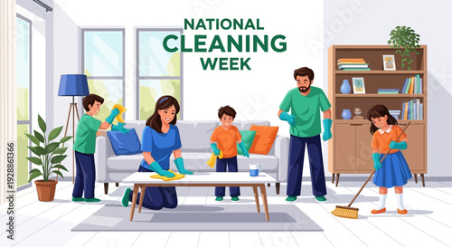 A family of six people cleaning and organizing their living room together during National Cleaning Week in America.