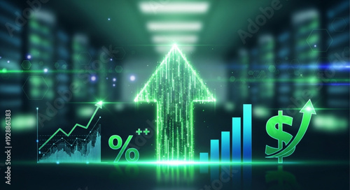 Green digital arrow pointing up with financial charts and dollar sign.