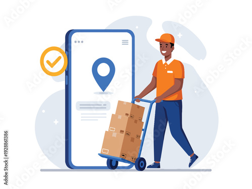 Man pushing a cart with boxes next to a large smartphone with a map pin on the screen for delivery or logistics concept