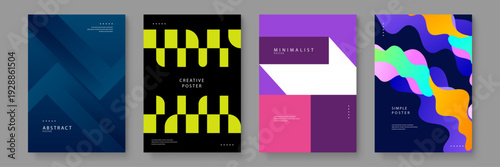 A set of four contemporary posters featuring dark blue overlays lime green geometric patterns purple color blocks and vibrant abstract wavy layers