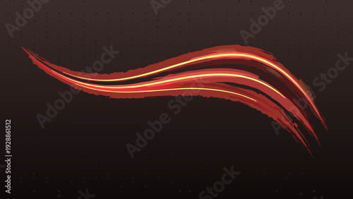 Abstract red brushstrokes curve across a dark textured background