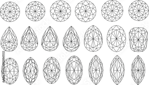 Vector illustration of geometric gemstone shapes, faceted wireframe designs, round oval teardrop cuts, abstract polygonal symmetry, decorative crystal patterns