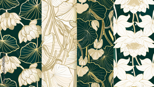 Elegant floral pattern with golden lotus flowers and dark green background
