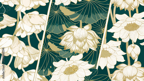 Elegant floral pattern featuring pale golden lotus flowers on teal