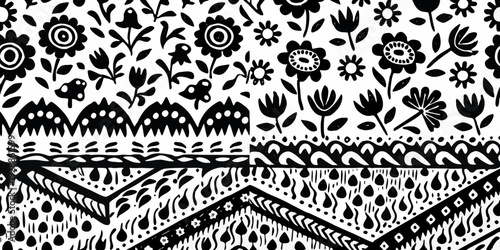 Black and white floral pattern with stylized botanical elements