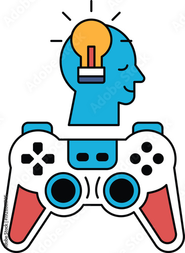 A man with a light bulb on his head is holding a video game controller