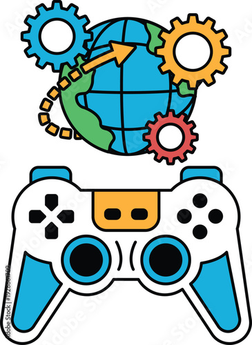A black and white drawing of a video game controller with a globe