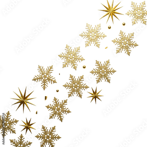 overhead flat lay of shimmering golden snowflakes, stars, and dots scattered on a matte white surface, isolated against transparent. sophisticated winter holiday decoration concept