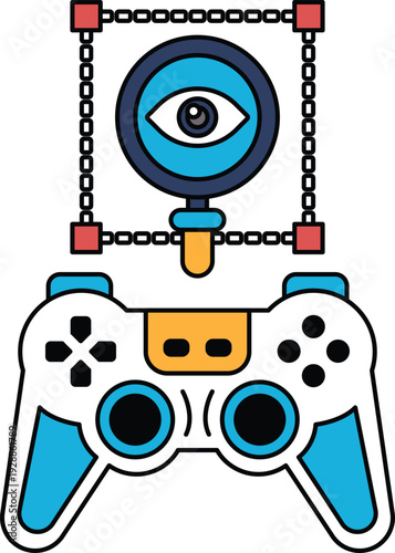 A black and white image of a video game controller with a magnifying glass on to