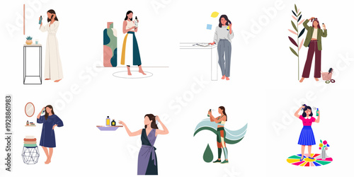 Diverse Women Practicing Hair Care Routines and Beauty Treatments with Various Products