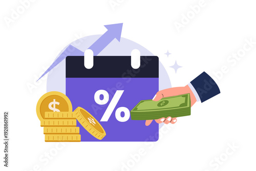 Dividend Yield Concept with Hand Receiving Cash. An illustration of a hand receiving a stack of dollar bills next to a calendar. representing the distribution of company profits to shareholders