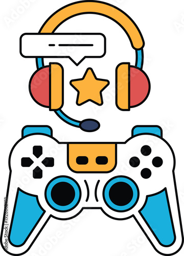 A black and white drawing of a video game controller with a headset