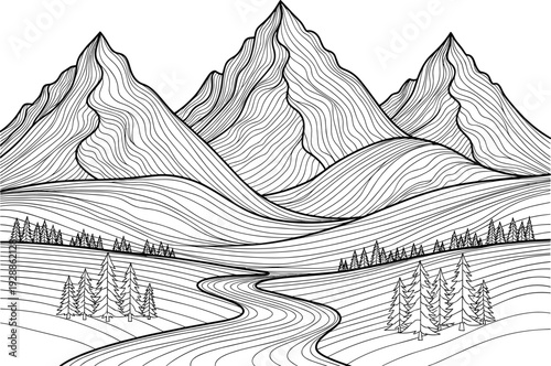 Vector illustration of mountainous landscape, black and white contour lines, winding river, pine trees, natural scenery, artistic topography design