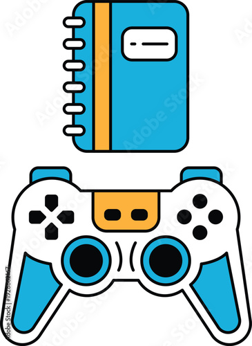 A black and white drawing of a video game controller and a book