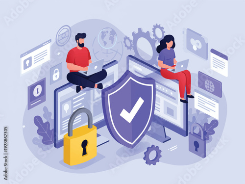 Online security concept with people working on laptops surrounded by computer screens and symbols of protection  cybersecurity and data safety