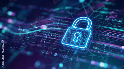 Wallpaper Mural A luminous blue padlock graphic is embedded within vibrant flowing data streams emphasizing complex information security challenges. Torontodigital.ca